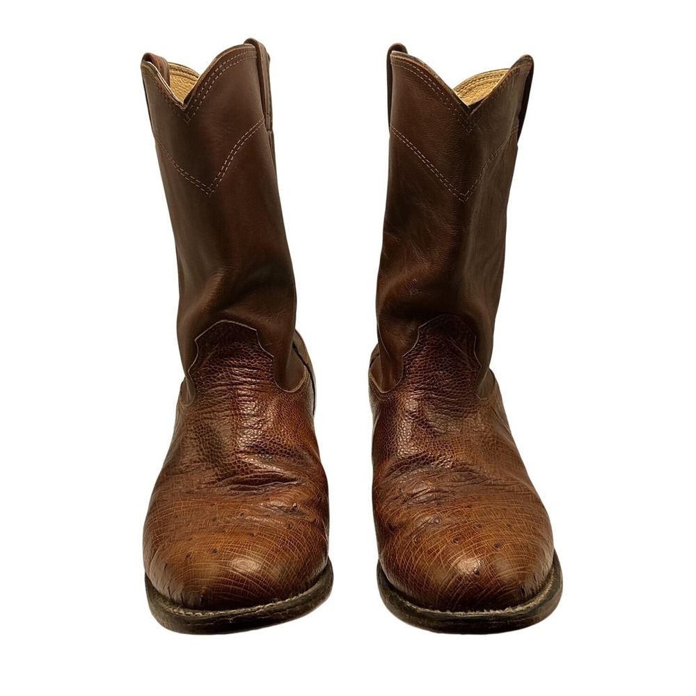 Larry Mahan Mens Brown Ostrich Leather Western Roper Boots 9 D 65896